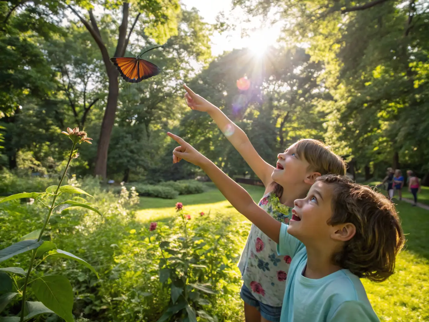 Children engaged in a nature-based learning activity surrounded by greenery.