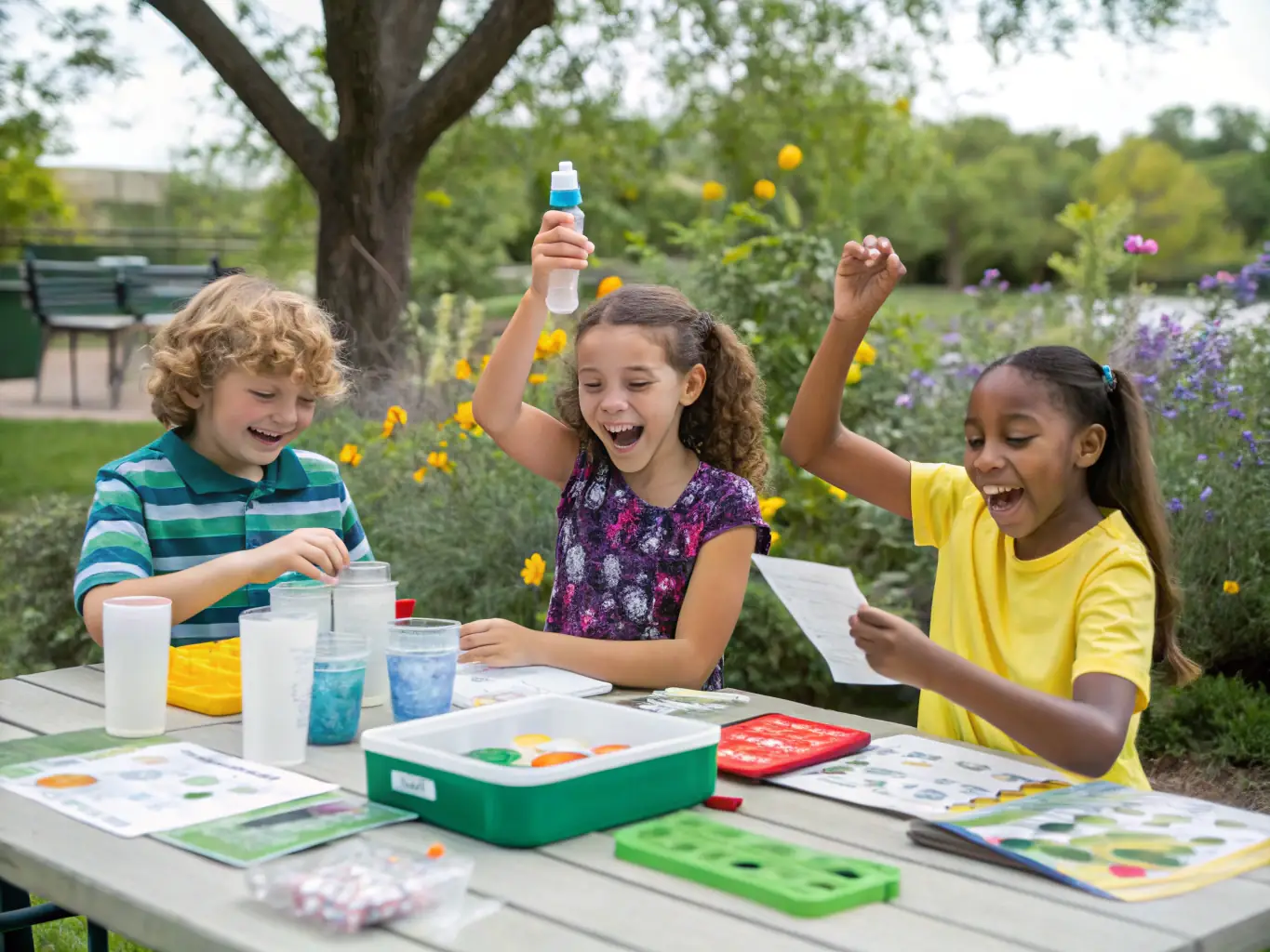 Children conducting a hands-on science experiment in an outdoor classroom.